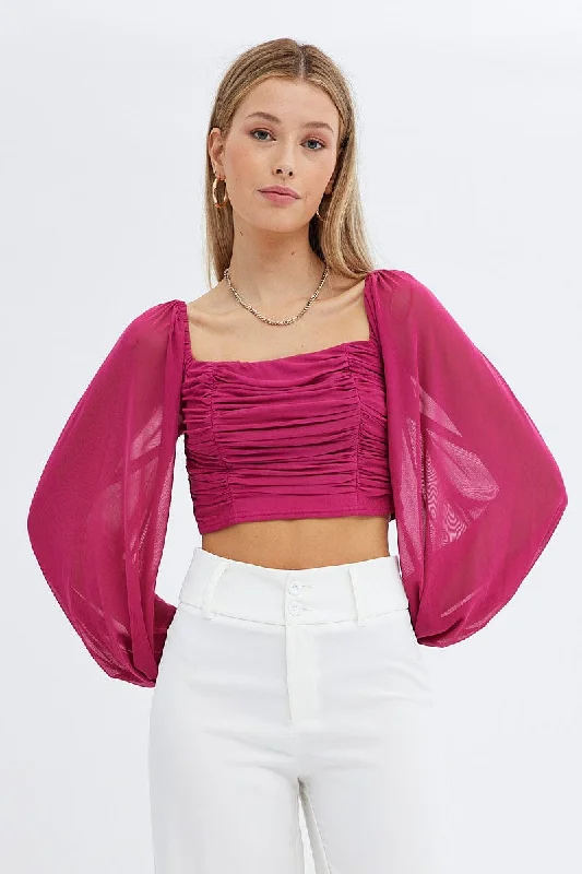 women's tops for those who want to show off their figure in a flattering wayPink Bubble Top Long Sleeves