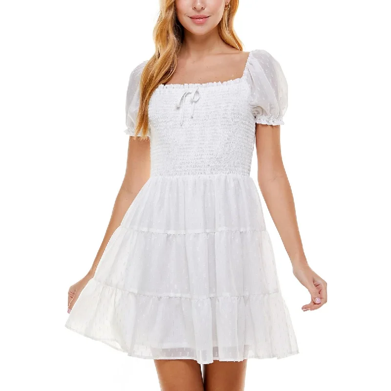 Button-Down DressCrystal Doll Womens Juniors Smocked Mini Fit & Flare Dress