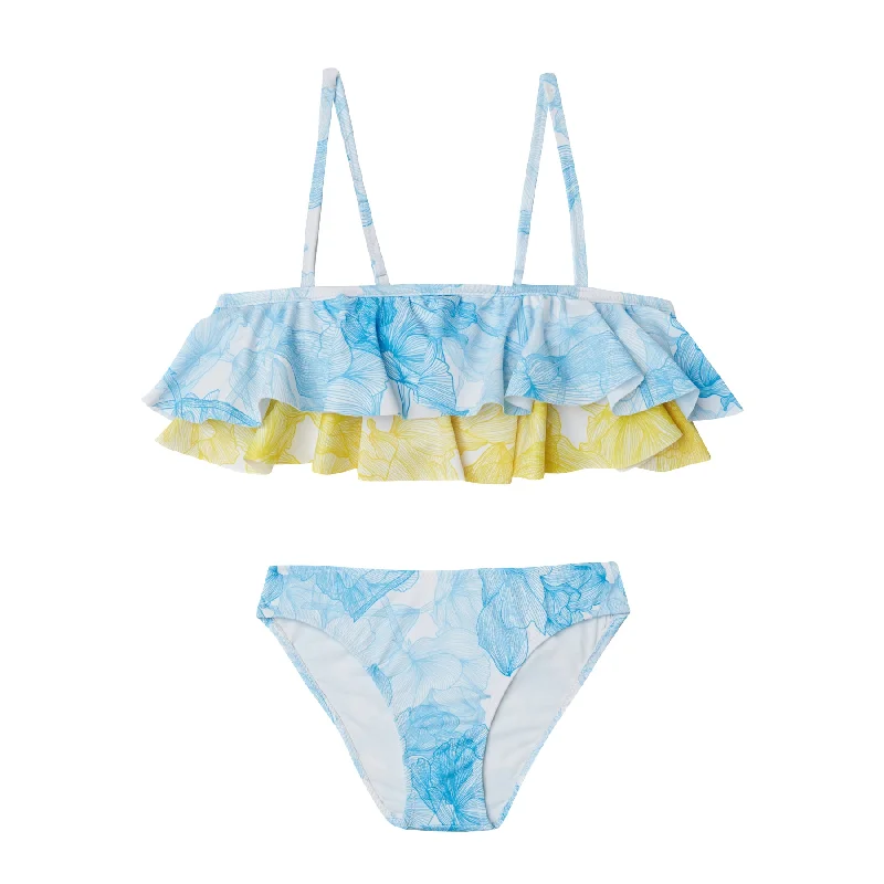 Sustainable Female SwimwearGIRL'S DOUBLE RUFFLED BIKINI FLOWERS BLUE