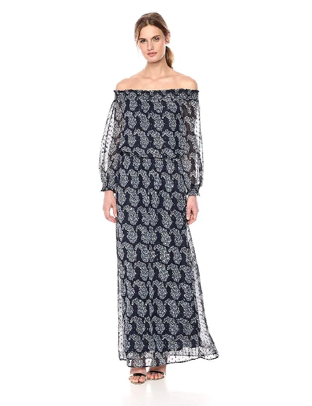 women's maximalist dressesTaylor - 9604M Off Shoulder Printed Chiffon Maxi Dress