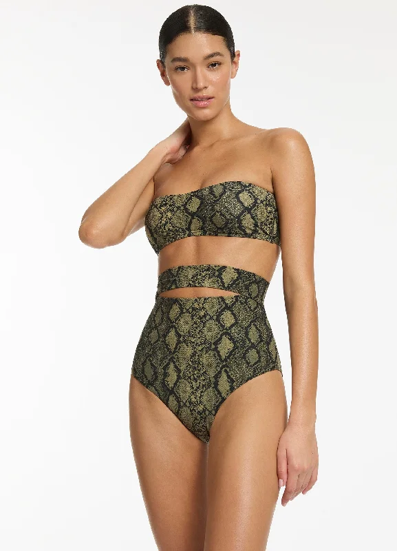 Sheer Female SwimwearPython Ultra High Waist Splice Bikini Bottom - Olive