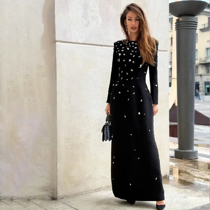 women's bell-sleeved dressesSparkly Crystal Crew Neck Shoulder Pad Long Sleeve Crepe Maxi Evening Dress