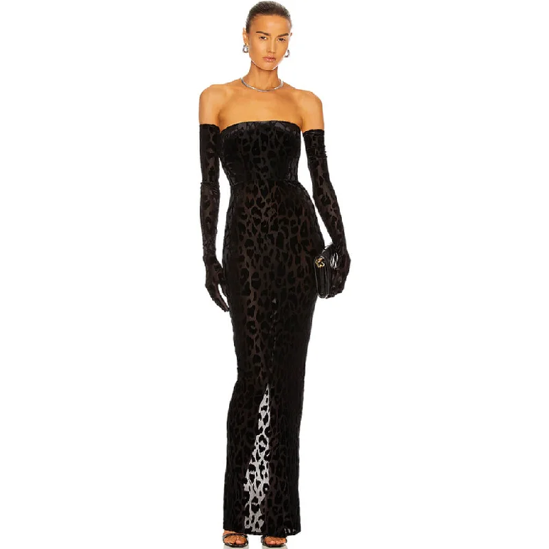 women's ethical fashion dressesClassy Gloved Flocked Leopard Strapless Maxi Evening Dress - Black