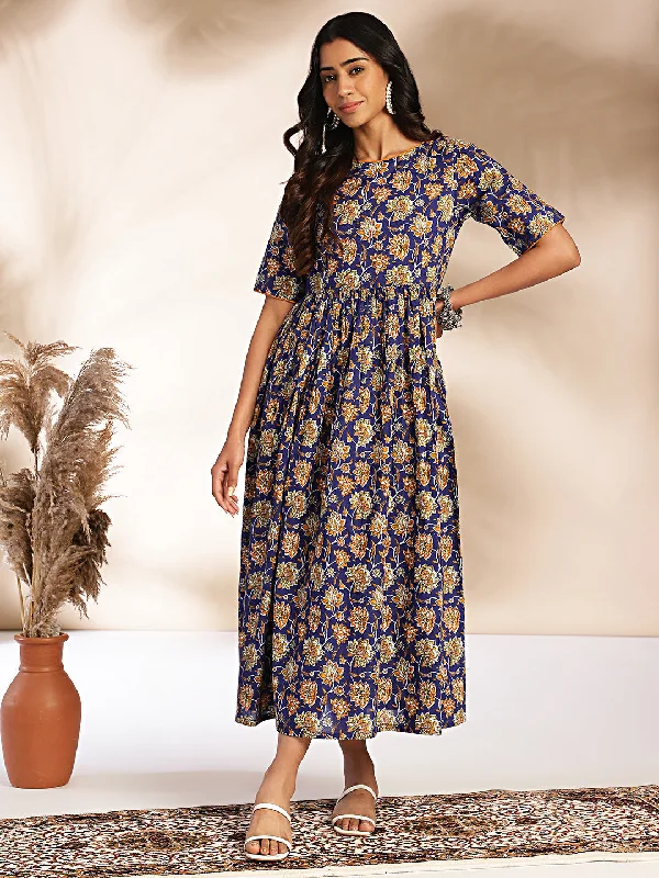 Plus-Size DressDark Blue Cotton Floral Printed Gathered Maxi Dress