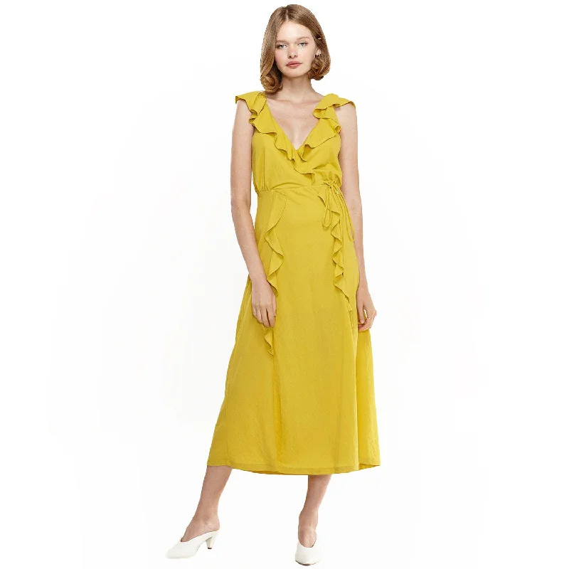 women's lace-up dressesWomen's Ruffle Trim Wrapped Maxi Dress in Mustard