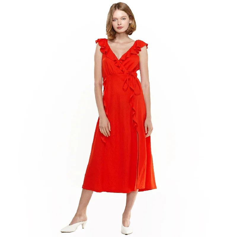 Glamour DressWomen's Ruffle Trim Wrapped Maxi Dress in Red