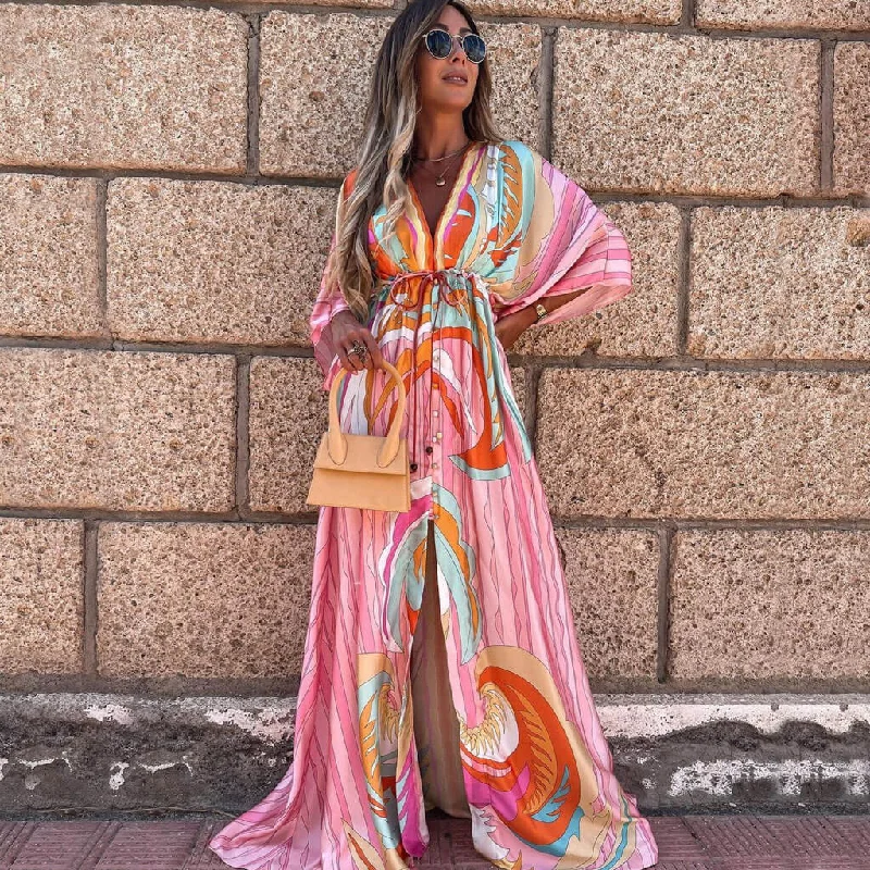 women's beach dressesAbstract Print Belted Button Down V Neck Maxi Dress - Pink