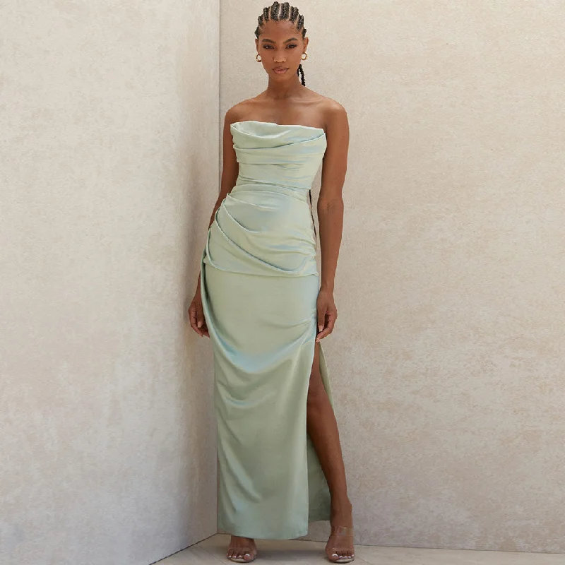 women's party dressesSilky Satin High Slit Ruched Strapless Party Maxi Dress - Sage Green