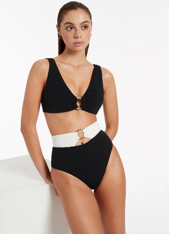 Recycled Female SwimwearVersa Rib High Waist Bikini Bottom - Black/Cream