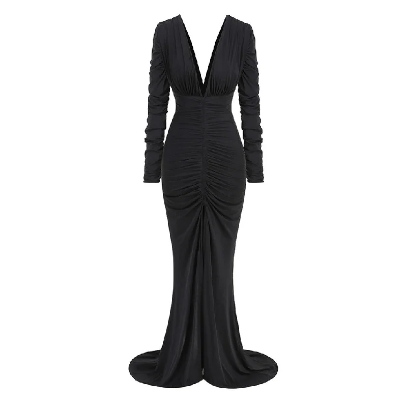 women's halter dressesSexy Deep V Neck Ruched Long Sleeve Split Fishtail Maxi Evening Dress