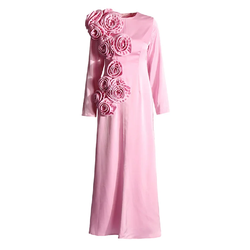 Silk DressBlooming Rosette Crew Neck Long Sleeves Satin Fishtail Gown Maxi Dress