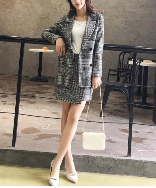 Plaid Tweed Mini Skirt Suit