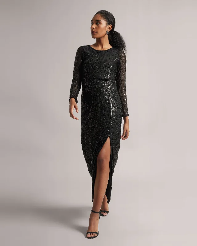 Body-Hugging DressBlack Sequin Thigh-High Slit Maxi Dress