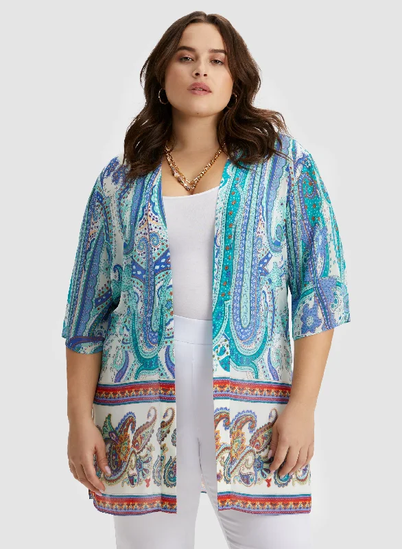 women's tops with geometric patternsPaisley Print Open Front Tunic