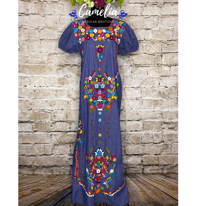 women's pastel dressesPuebla Maxi Mexican Dress Denim