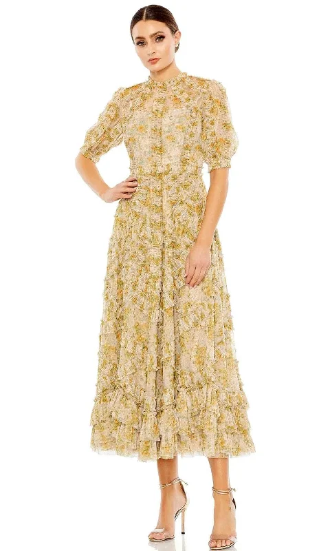 women's stretchy dressesMac Duggal 8011 - Floral Puff Sleeves Maxi Dress