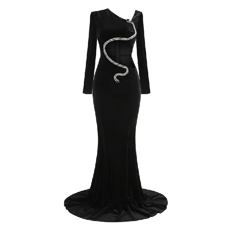 women's neon dressesAsymmetric Cutout Crystal Snake Padded Shoulder Velvet Fishtail Maxi Dress