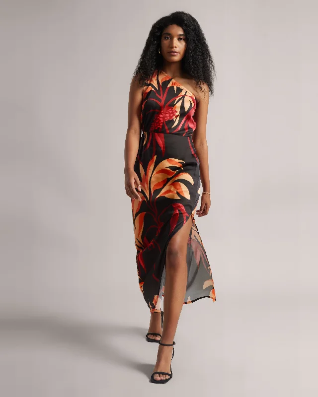 Spaghetti Strap DressBlack Fiery Printed One-Shoulder Slit Maxi Dress