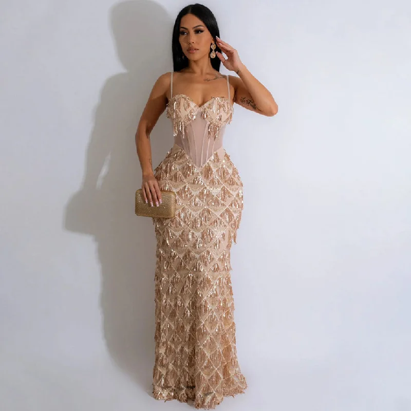 women's empire-line dressesSexy Bustier Sheer Mesh Panel Drop Waist Fringe Sequin Slip Maxi Dress