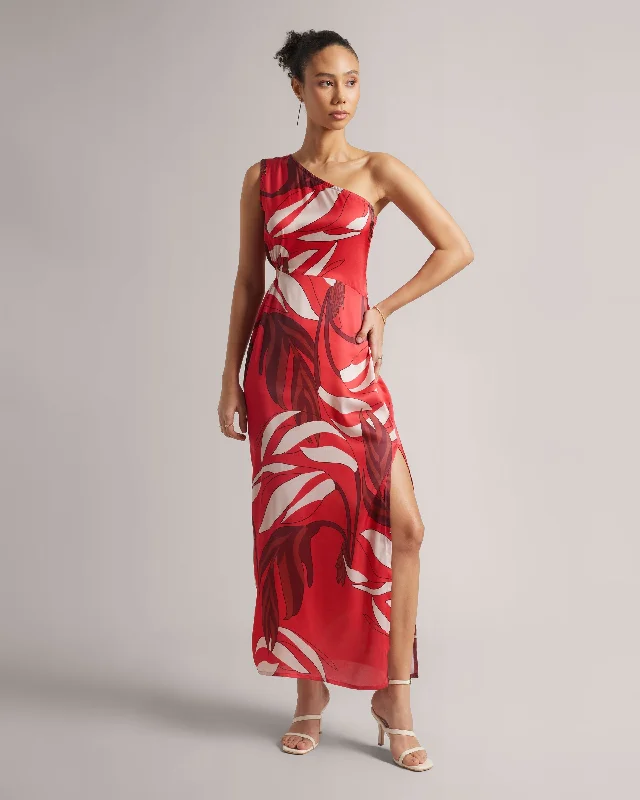 Zip-Up DressCrimson Red One-Shoulder Cut-Out Maxi Dress