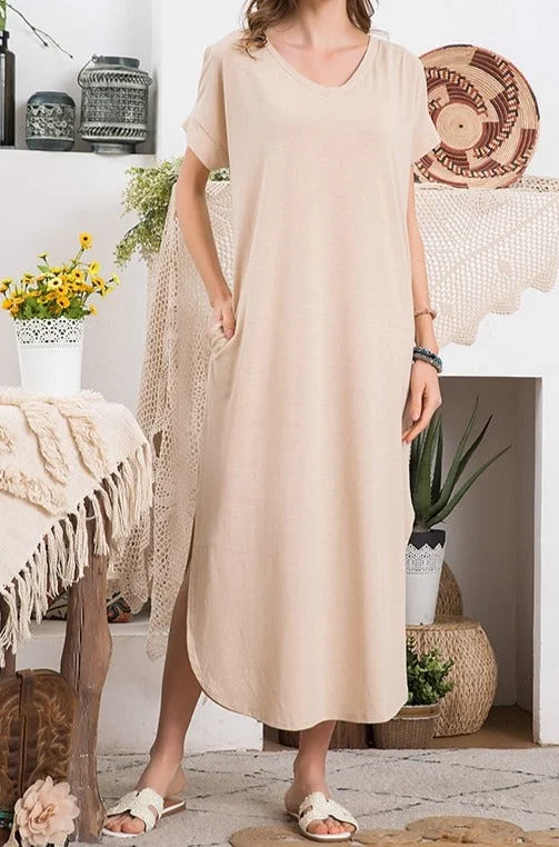 Embellished DressCold Shoulder Maxi T-shirt Dress - Taupe