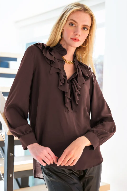 women's tops for vintage fashion enthusiastsRory Espresso Brown Viscose Voile Fray Neck Top