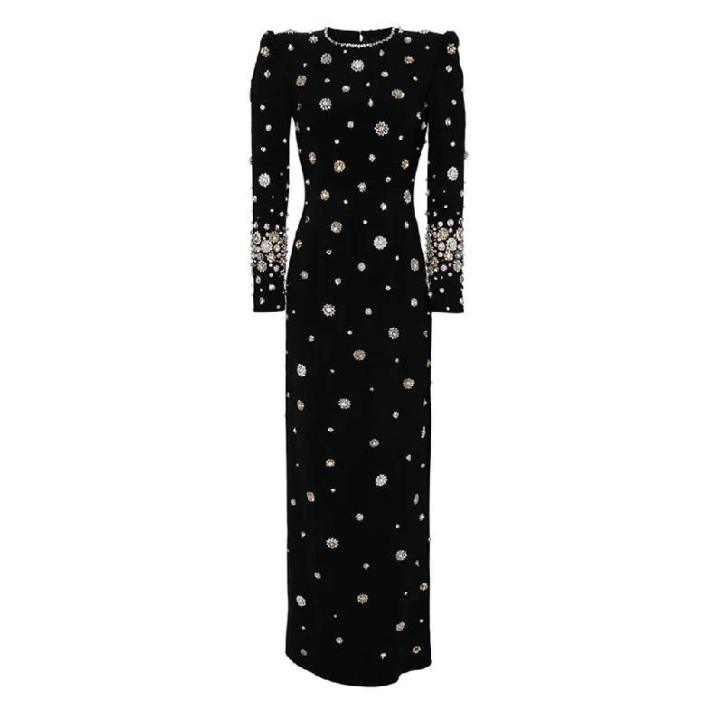 women's sleeveless dressesOpulent Faux Pearl Rhinestone Crew Neck Long Sleeve Crepe Maxi Evening Dress