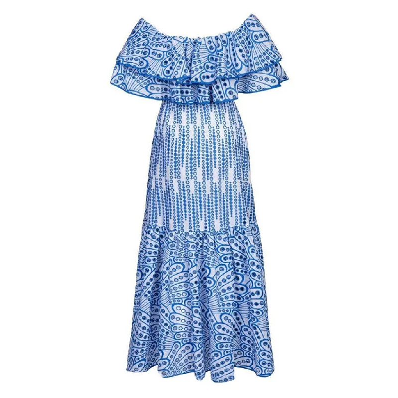 Crepe DressBoho Broderie Anglaise Off the Shoulder Shirred Ruffled Tiered Maxi Dress