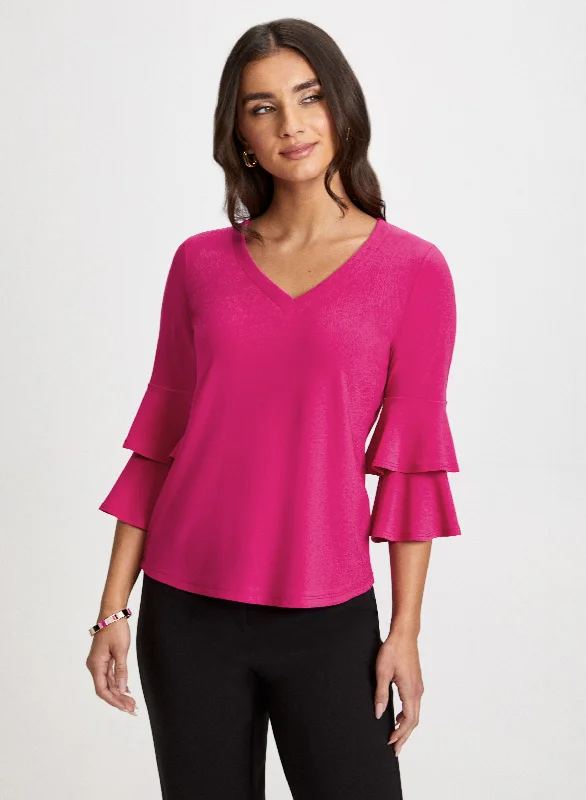 women's tops with flutter sleevesRuffle Sleeve V-Neck Top