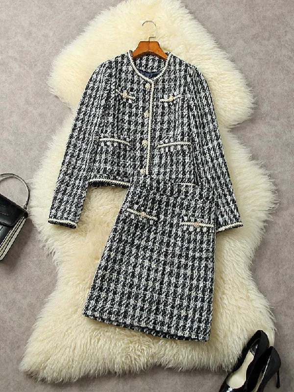 Multi-Pockets Vintage Tweed Skirt Suit