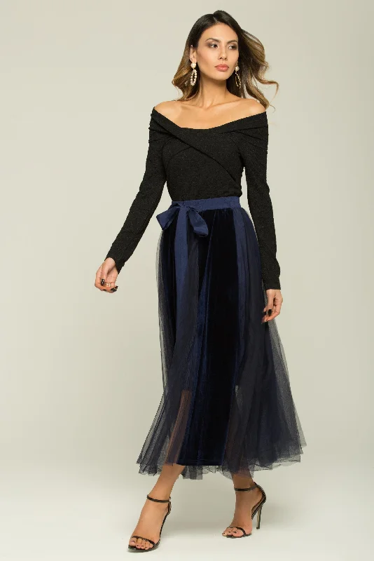 women's pleated skirtsBlack And Blue Boat Neck Top And Sheer Skirt With Belt Set