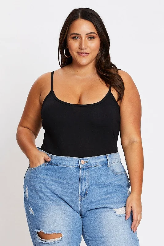 plus-size women's topsBlack Sleeveless Black Strappy Bodysuit