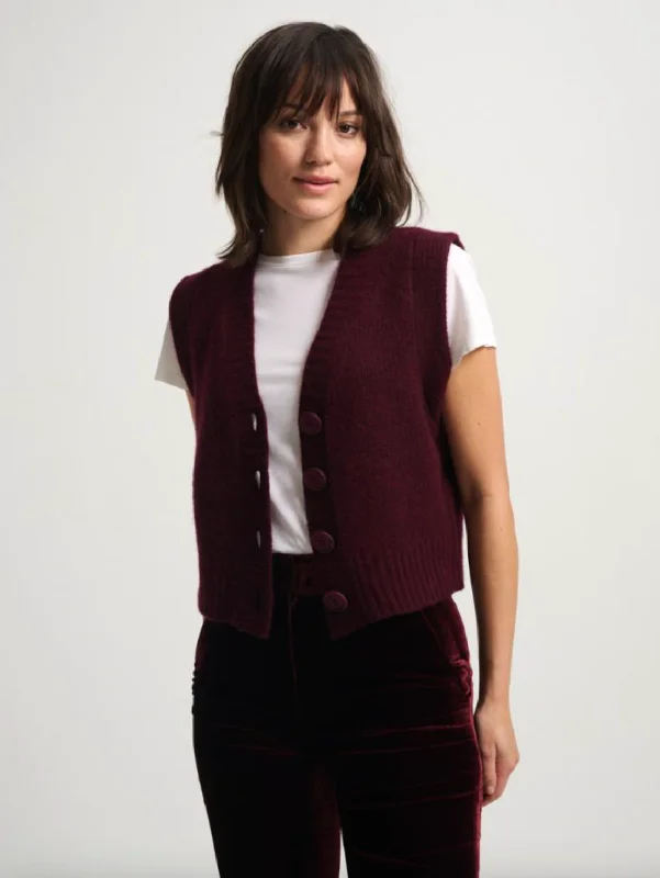 women's tops for cozy nights inCashmere Button Vest - Deep Beet