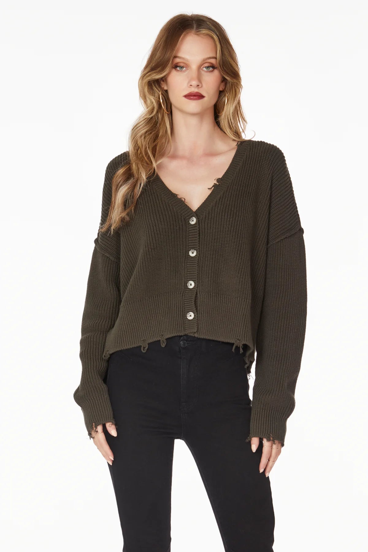 women's tops for those who want to add a touch of sophistication to their casual attireDistressed Cardigan - Army