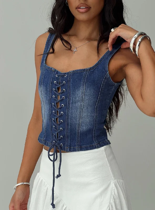 women's tops with sheer overlaysPackston Lace Up Denim Top Mid Wash