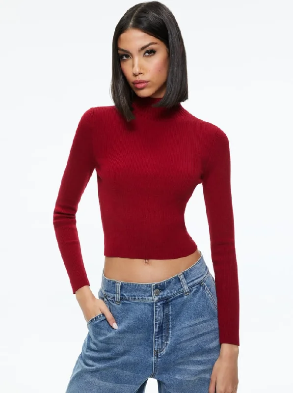 women's tops with unique designsSenaida Cropped Mock Neck Pullover - Bordeaux