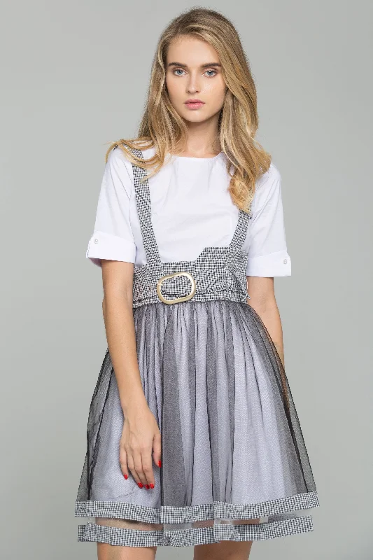 women's bodycon mini skirtsWhite Cotton Gauntlet Sleeve Shirt and Black Chiffon Gingham Pinafore Belted Skirt Set