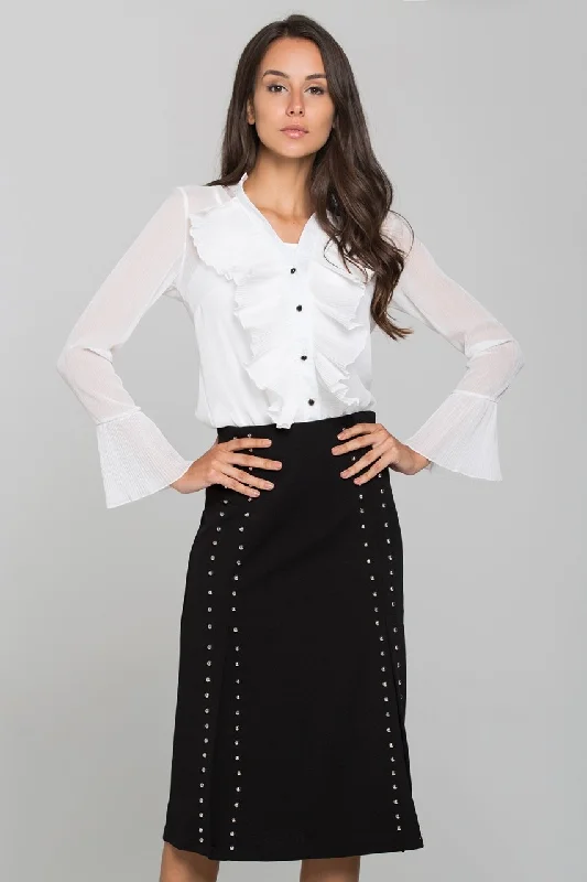 women's polyester skirtsWhite Pleated Gabot Top and Black Skirt Set