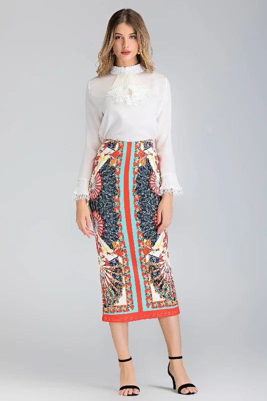 women's button-down skirtsWhite Pleated Gabot Top and Printed Pencil Skirt Set