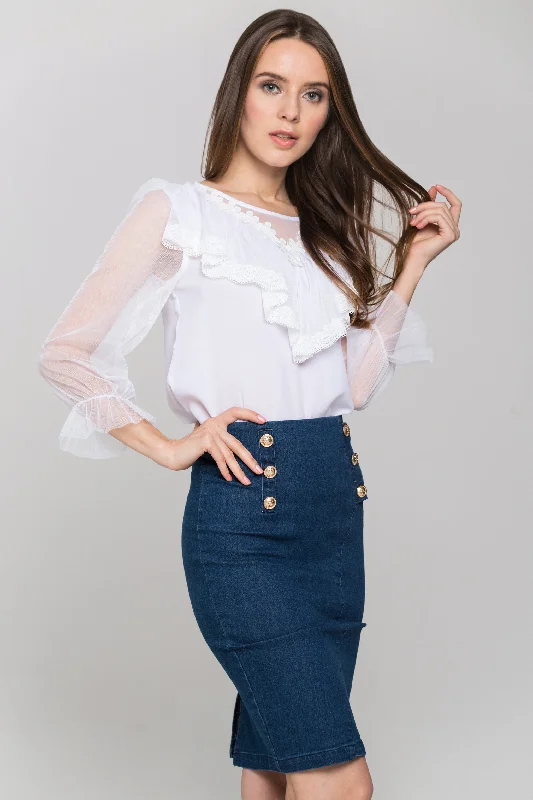 women's woven A-line skirts for summerWhite Sheer Sleeves Gabot Top and Denim Skirt