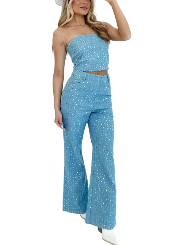 women's plus-size pantsHigh Waisted Wide Reg Sequin Pants In Light Blue