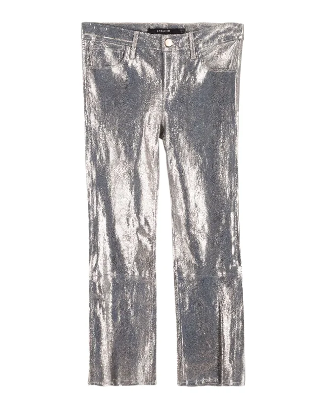 women's embroidered pantsJ Brand  Selena Snake-Effect Cropped Boot Trousers in Gold Lambskin Leather