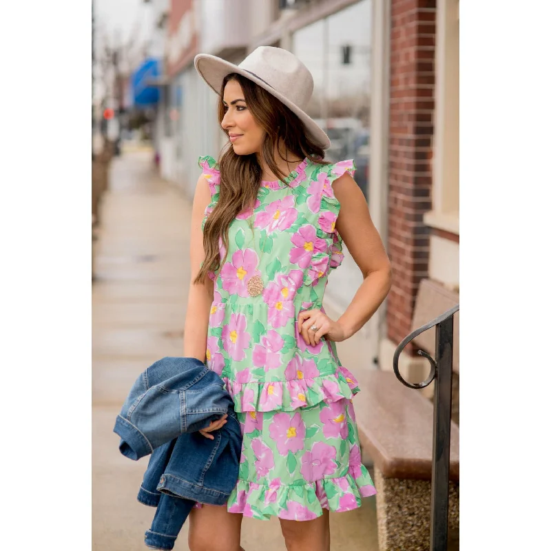 women's pastel dressesLarge Floral Print Ruffle Dress