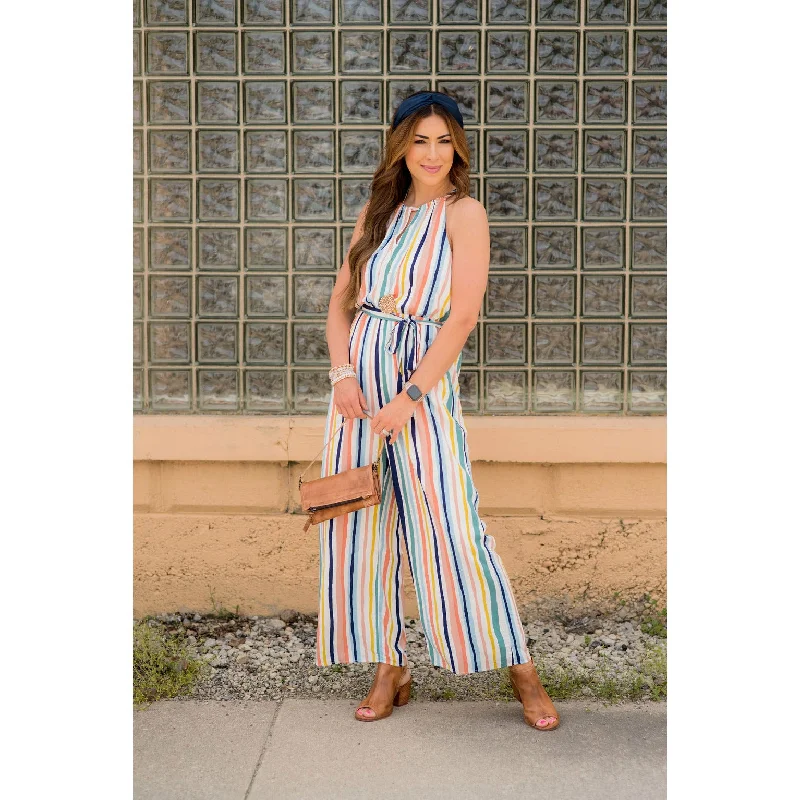 Velveteen DressMulti Colored Striped Tie Halter Jumpsuit