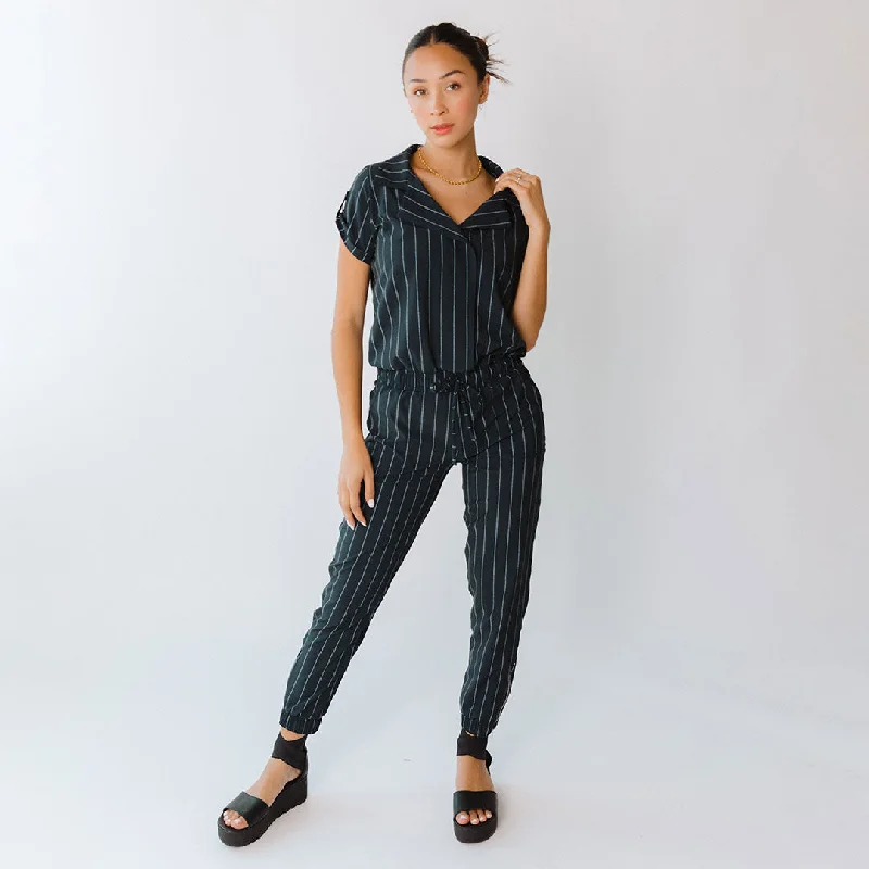 women's spaghetti strap dressesNavy Pinstripe Collar Jumpsuit