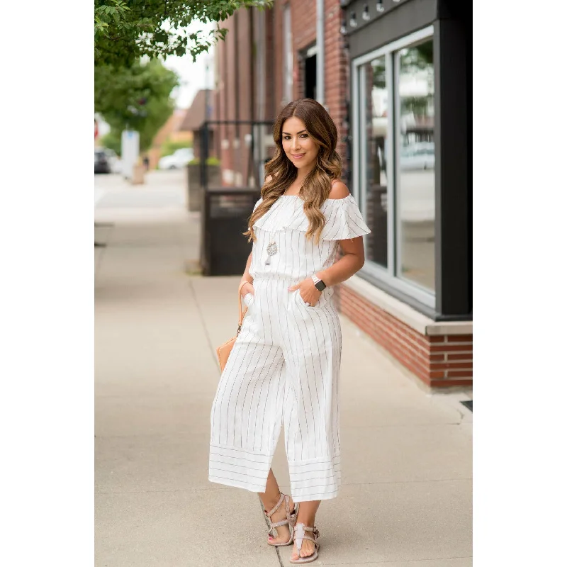 Designer DressOff Shoulder Vertical Striped Jumpsuit