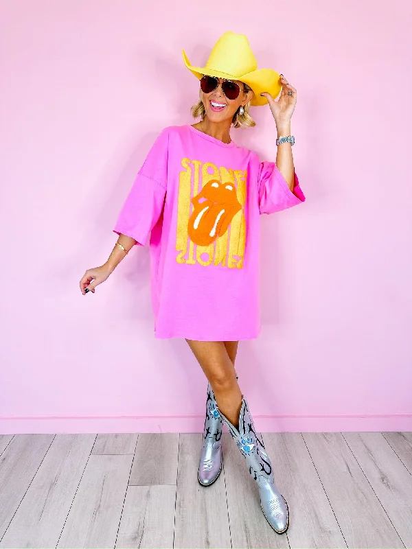 women's midi dressesROLLING STONES OVERSIZED TUNIC TOP - PINK/YELLOW