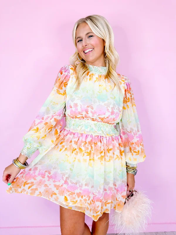 Silk DressSUNSET ROSES SMOCKED DRESS