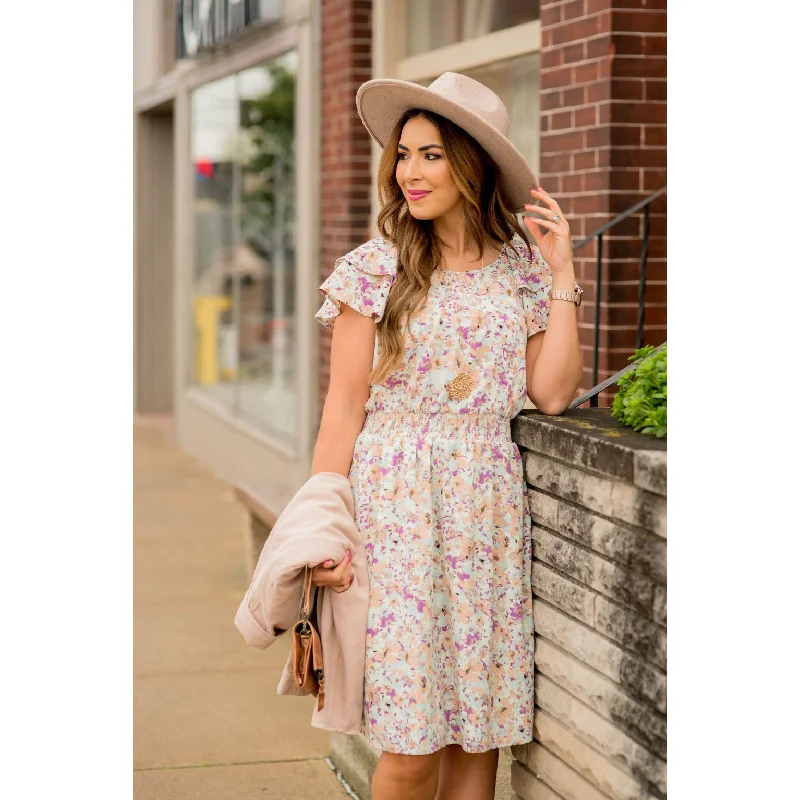 Asymmetric DressWatercolor Floral Flutter Sleeve Dress