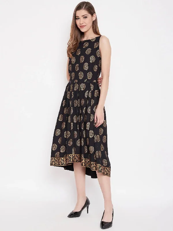 women's trendy dressesDeep back box pleated Midi Printed Dress in Black